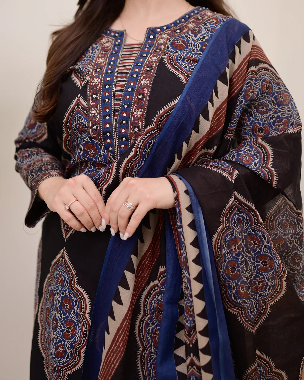 Women Viscose Printed Kurta and Pant Set with Dupatta | Ajrak Prints