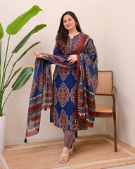 Women Viscose Printed Kurta and Pant Set with Dupatta | Ajrak Prints