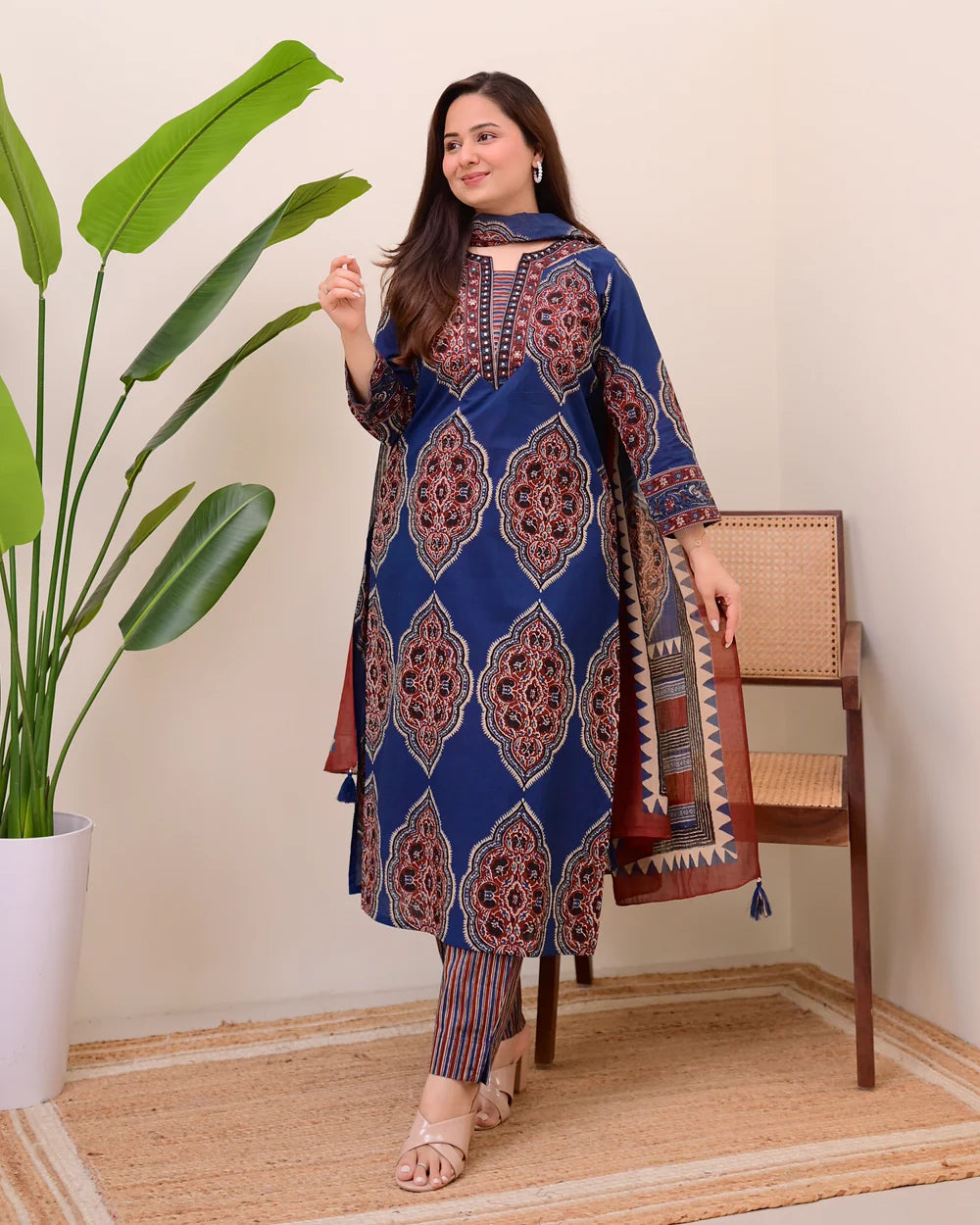 Women Viscose Printed Kurta and Pant Set with Dupatta | Ajrak Prints