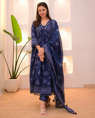Navy Blue Mirrorwork A Line Premium Cotton Suit