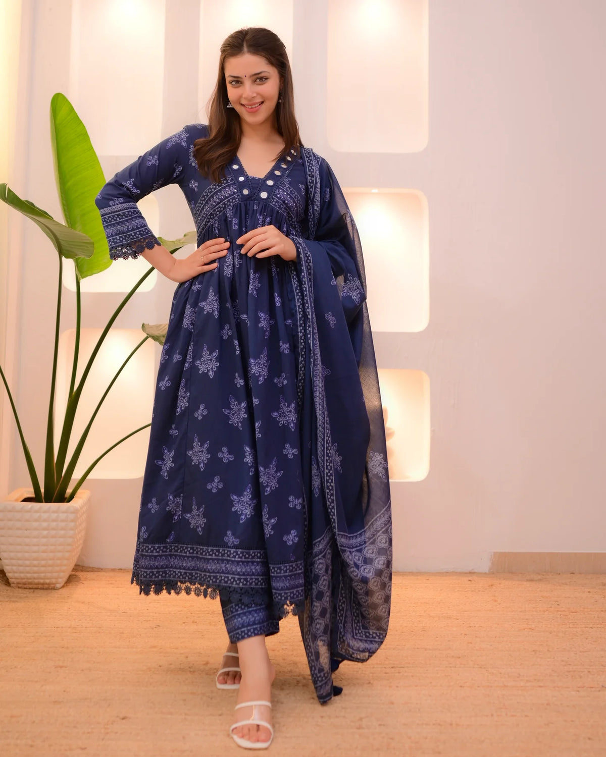 Navy Blue Mirrorwork A Line Premium Cotton Suit