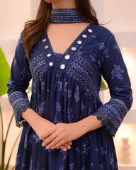 Navy Blue Mirrorwork A Line Premium Cotton Suit