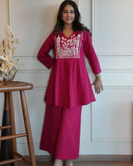 Magenta Embroidered Cotton Cord-Set