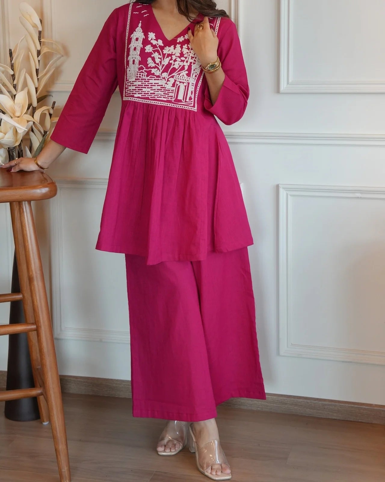 Magenta Embroidered Cotton Cord-Set