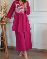Magenta Embroidered Cotton Cord-Set