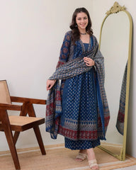 Women's Rayon Printed Anarkali Kurta and Pant with Dupatta Set Blue