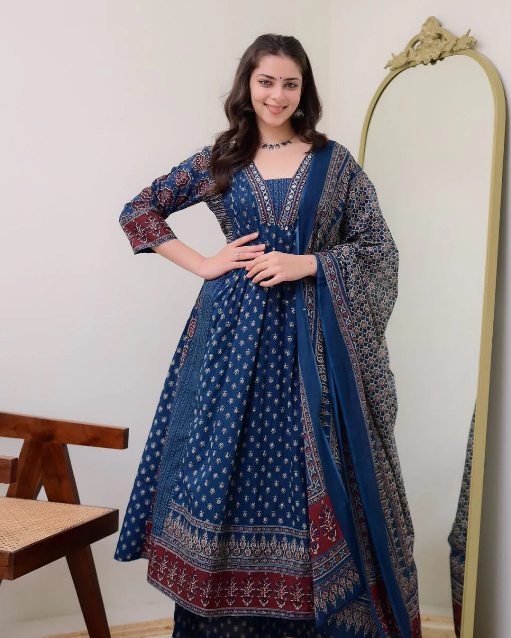 Women's Rayon Printed Anarkali Kurta and Pant with Dupatta Set Blue