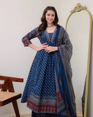 Women's Rayon Printed Anarkali Kurta and Pant with Dupatta Set Blue