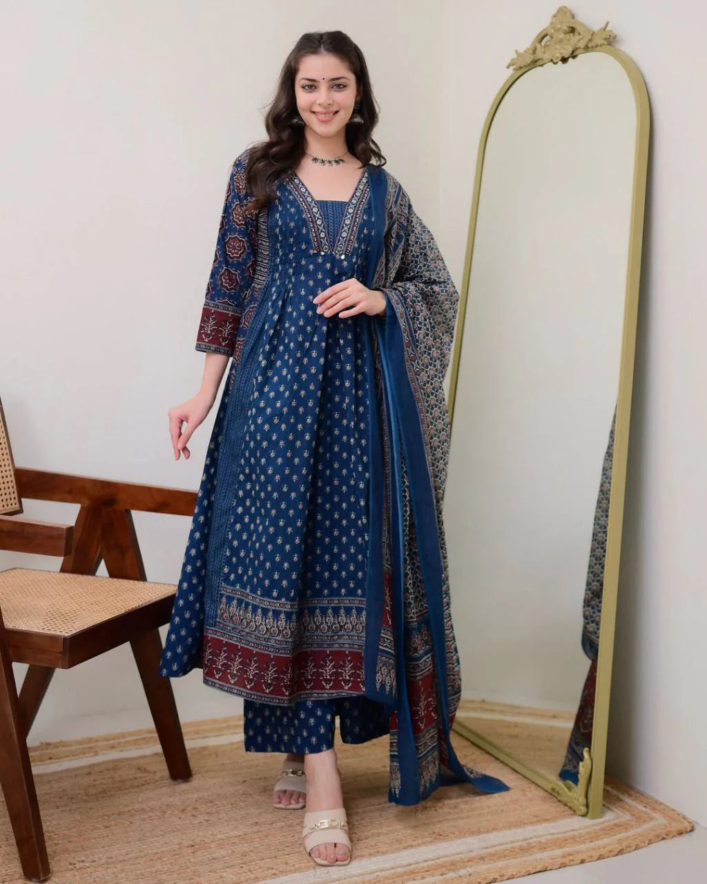 Women's Rayon Printed Anarkali Kurta and Pant with Dupatta Set Blue