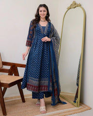 Women's Rayon Printed Anarkali Kurta and Pant with Dupatta Set Blue