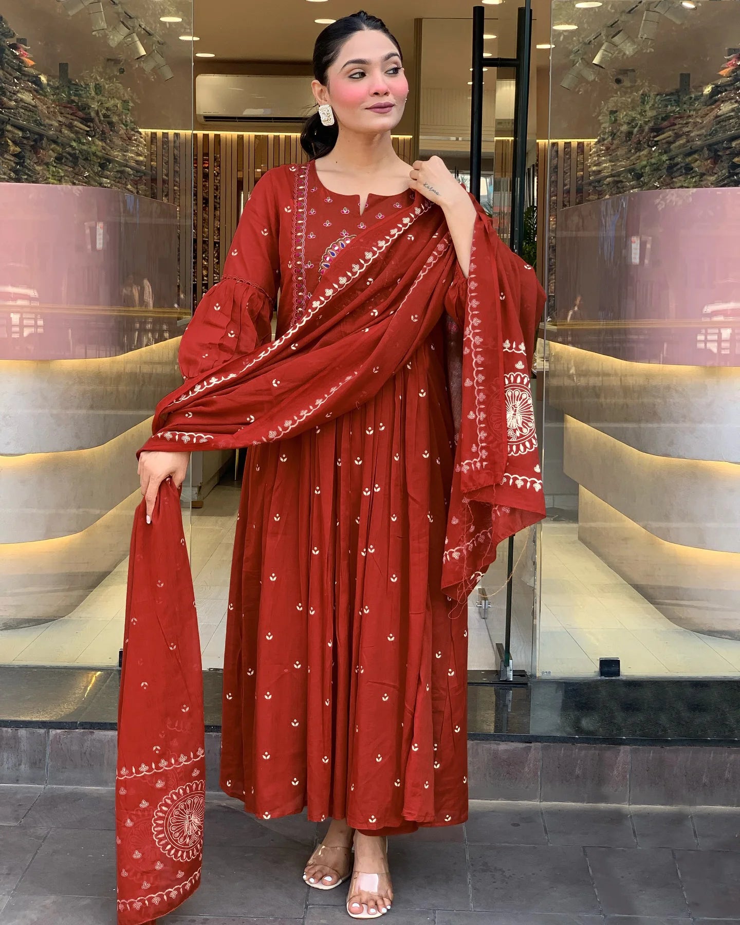 Women’s Rayon Blend Embroidered Anarkali Kurta with Pant & Dupatta