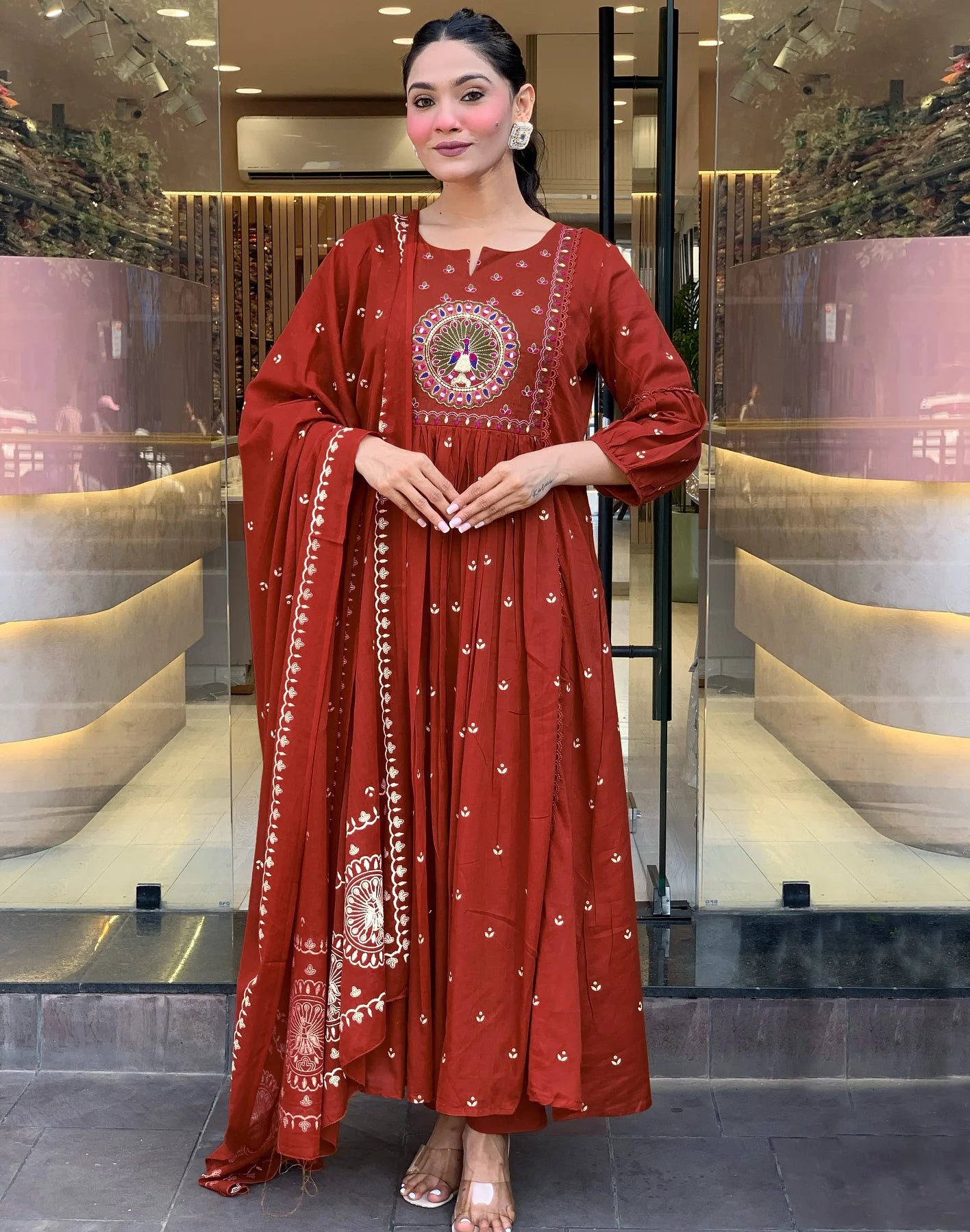Women’s Rayon Blend Embroidered Anarkali Kurta with Pant & Dupatta
