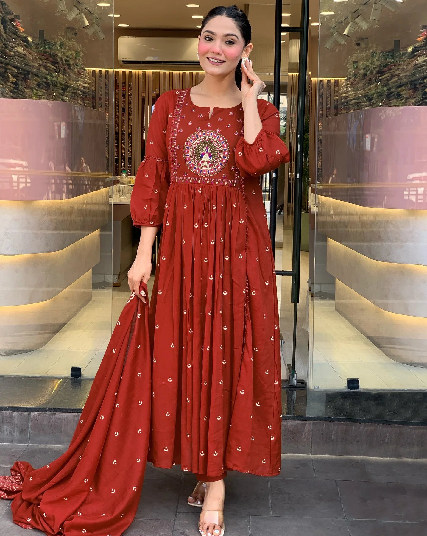 Women’s Rayon Blend Embroidered Anarkali Kurta with Pant & Dupatta