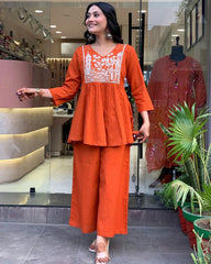 Orange Embroidered Cotton Slub Kurta and Pant Cord-Set