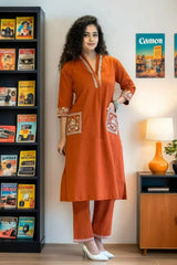 Orange Kurta And Palazzo Set With Embroidered Cotton | Cord-Set