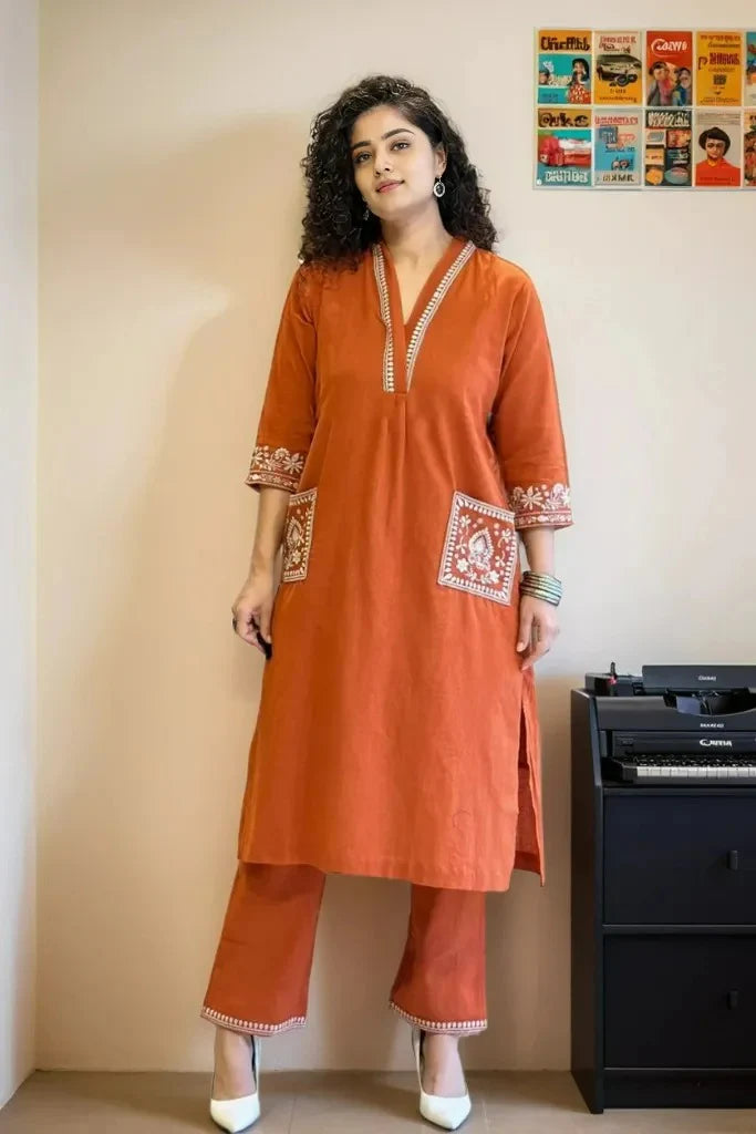 Orange Kurta And Palazzo Set With Embroidered Cotton | Cord-Set