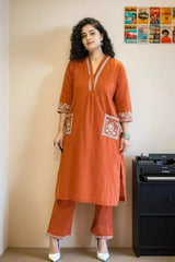 Orange Kurta And Palazzo Set With Embroidered Cotton | Cord-Set