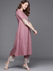 Lilac Solid Kurta with Embroidered Pants and Net Embroidered Dupatta
